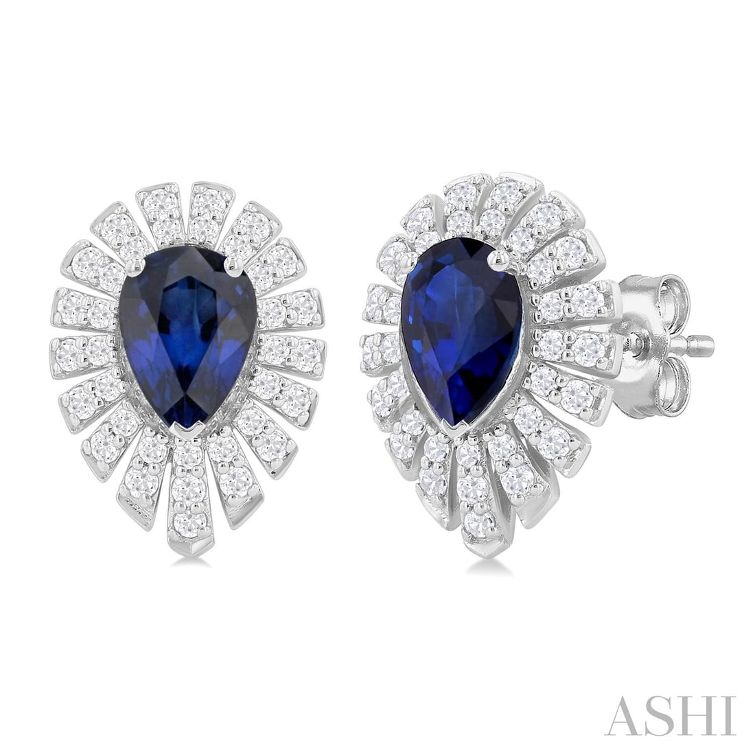 5x3mm Pear Sapphire Starburst 0.31 ctw Diamond 14K White Gold Stud Earrings: Rare and radiant, this stunning Starburst pair of earrings featuring Blue Sapphire, White Diamond offers a touch of the extraordinary. A detailed Halo gallery secures the stones, rendered in 2.0 g of 