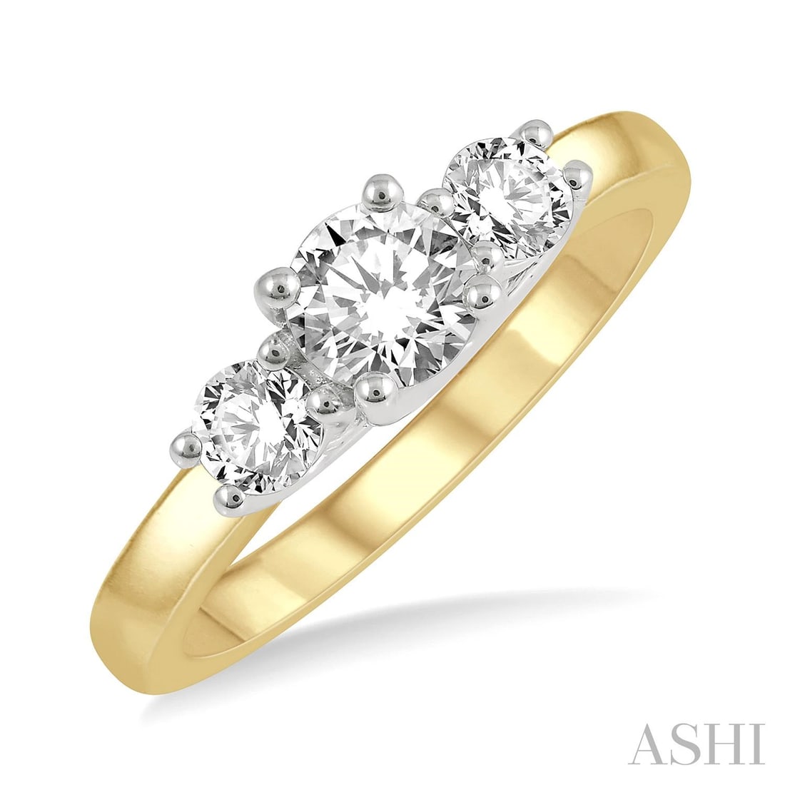 0.75 ctw Round Cut Diamond Three-Stone 14K Yellow & White Gold Ring: A symphony of light and color, this stunning Three-Stone ring featuring White Diamond embodies the pinnacle of luxury. The gemstones are nestled within a Three-Stone framework, supported by a substant
