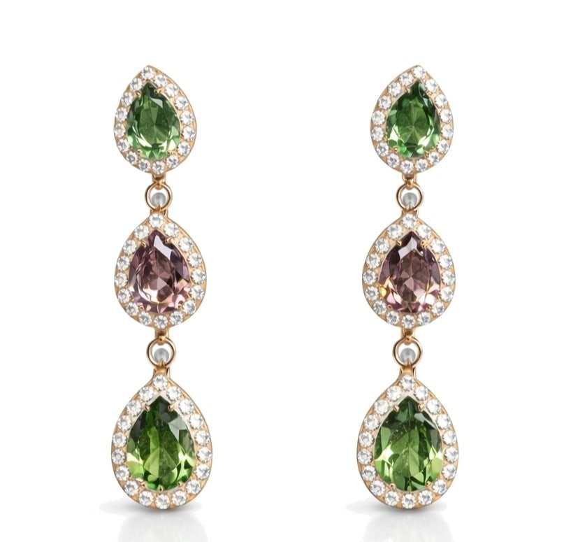 8.45ct Tourmaline and 1.80ctw Diamond 14K Rose Gold Drop Earrings: Exuding opulence and grace, this elegant Halo pair of earrings featuring Tourmaline, White Diamond is crafted for the distinguished. Crafted with precision, the Halo setting is seamlessly integrated i