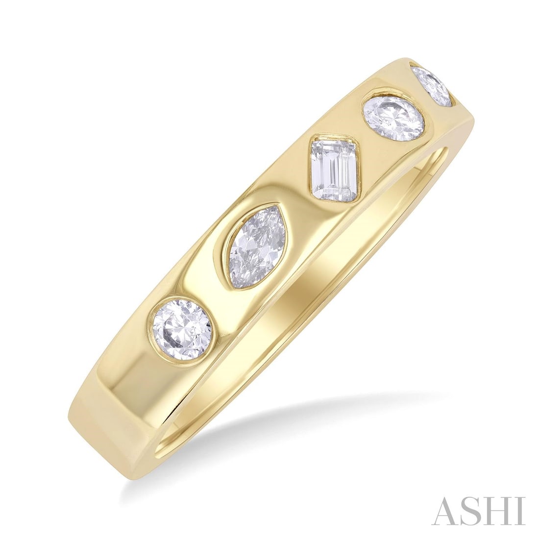 0.40 ctw Mixed Shape Diamond 14K Yellow Gold Band Ring: Exuding opulence and grace, this magnificent Mixed Fancy Shapes ring featuring White Diamond is crafted for the distinguished. Crafted with precision, the Bezel setting is seamlessly integrated into 4