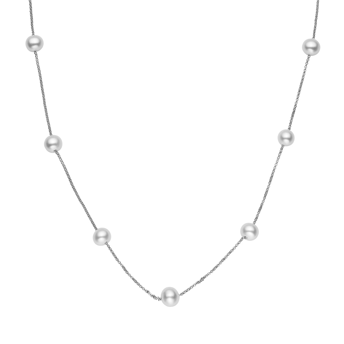 Modern Pendant Necklace with Freshwater Pearls in 14K White Gold: Radiating simplicity and charm, this Modern pendant necklace features lustrous Freshwater Pearls. Crafted with meticulous attention to detail, the pearls are elegantly spaced along a delicate chain of