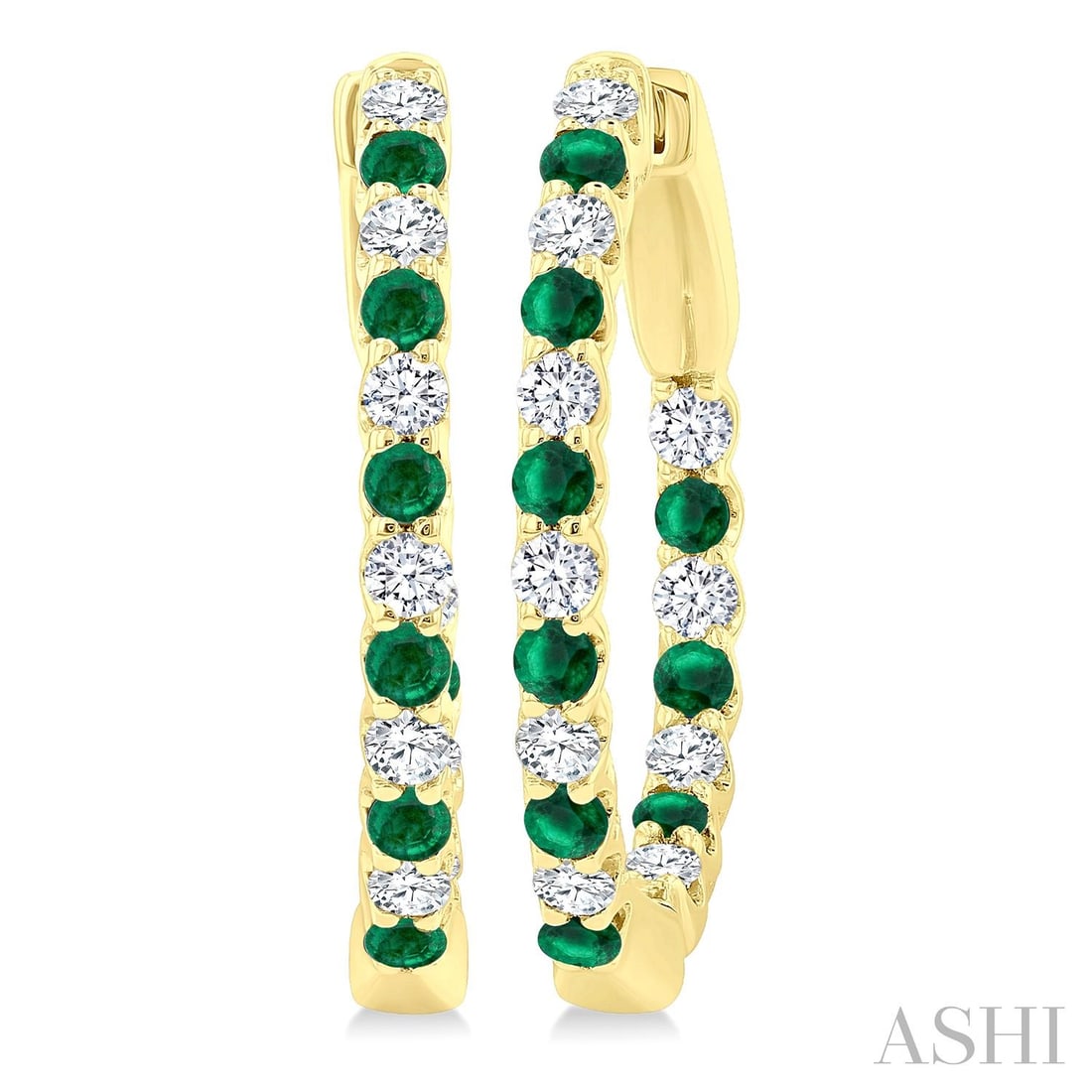 1.8mm Emerald and 0.54 ctw Diamond 14K Yellow Gold Hoop Earrings: Rare and radiant, this stunning Inside-Out pair of earrings featuring Emerald, White Diamond offers a touch of the extraordinary. Showcasing the gems in a Hoop arrangement, the earrings consist of 4.2