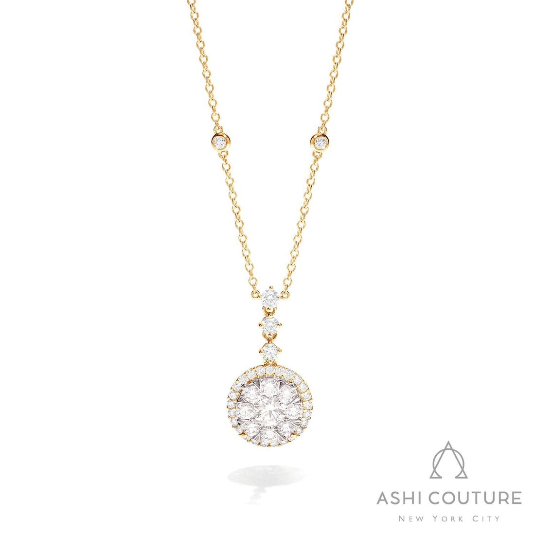 2.35 ctw Diamond Cluster Drop 18K Yellow & White Gold Pendant: An exquisite masterpiece of haute joaillerie, this stunning Halo Cluster Drop pendant featuring White Diamond is a true treasure. Showcasing the gems in a Halo arrangement, the pendant consists of 4.4