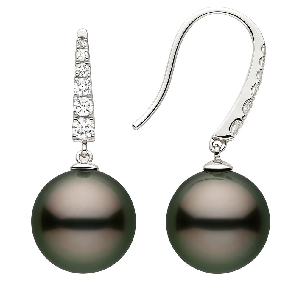 14k White Gold Black Pearl Earrings with 0.26ct Diamonds: In a display of refined elegance, this exquisite pair of earrings features lustrous Black Pearls, accentuated by shimmering Diamonds. The pearls are gracefully suspended, each adorned with a cascade o