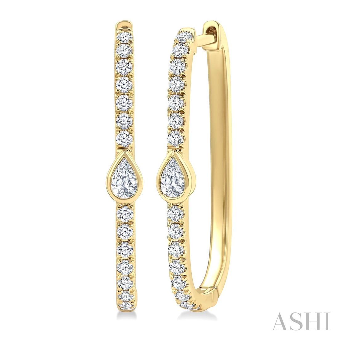 0.39 ctw Diamond 14K Yellow Gold Rectangular Hoop Earrings: An exquisite masterpiece of haute joaillerie, this stunning Rectangular Fashion Hoop pair of earrings featuring White Diamond is a true treasure. Showcasing the gems in a Line Setting arrangement, the