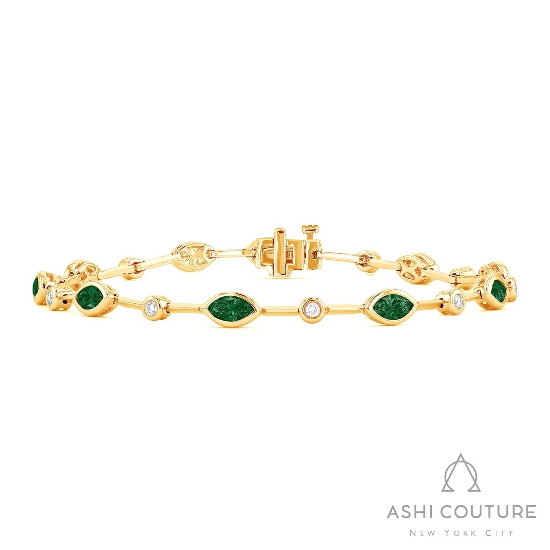 Emerald and 0.25 ctw Diamond 18K Yellow Gold Bracelet: Defining modern elegance, this stunning Alternating Link Bezel bracelet featuring Emerald, White Diamond captures the essence of style. The gemstones are nestled within a Bezel framework, supported by