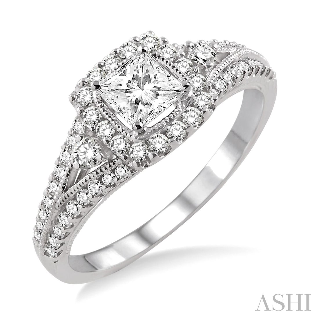 0.70 ctw Princess Cut Diamond Halo 14K White Gold Engagement Ring: A testament to superior craftsmanship, this breathtaking Halo ring featuring White Diamond is unparalleled. A detailed Halo gallery secures the stones, rendered in 2.95 grams of lustrous 14K White Gol