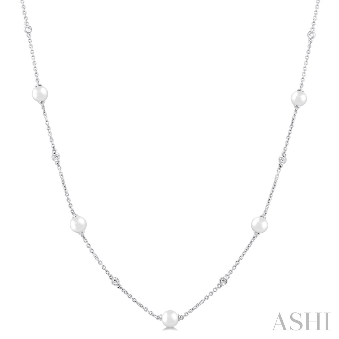 4mm Cultured Pearl and 0.15 ctw Diamond 14K White Gold Necklace: An exquisite masterpiece of haute joaillerie, this stunning Station necklace featuring Cultured Pearl, White Diamond is a true treasure. A detailed Station gallery secures the stones, rendered in 1.85