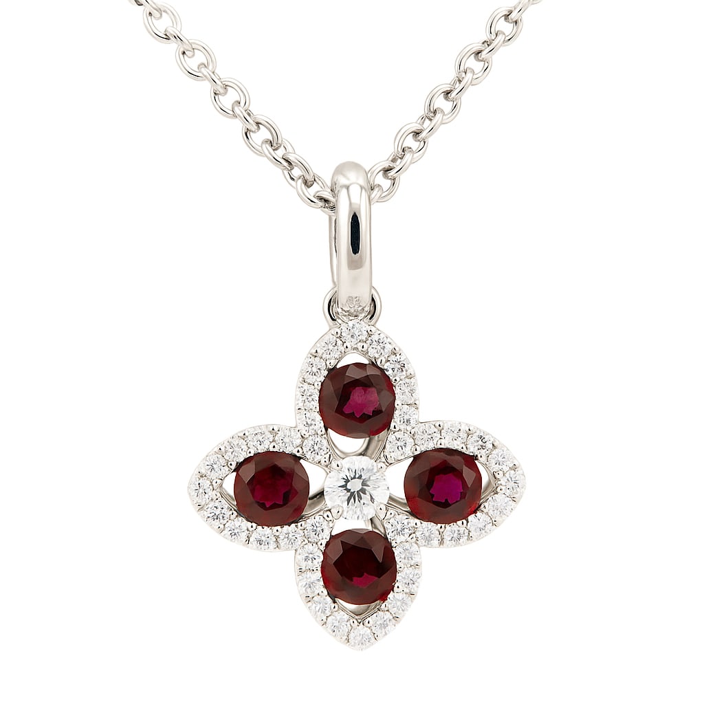 14k White Gold Ruby and Diamond Pendant Necklace 18: Radiating elegance, this exquisite pendant necklace features a harmonious blend of rubies and diamonds. The centerpiece showcases four round-cut rubies, each with a vibrant red hue, encircled by a hal