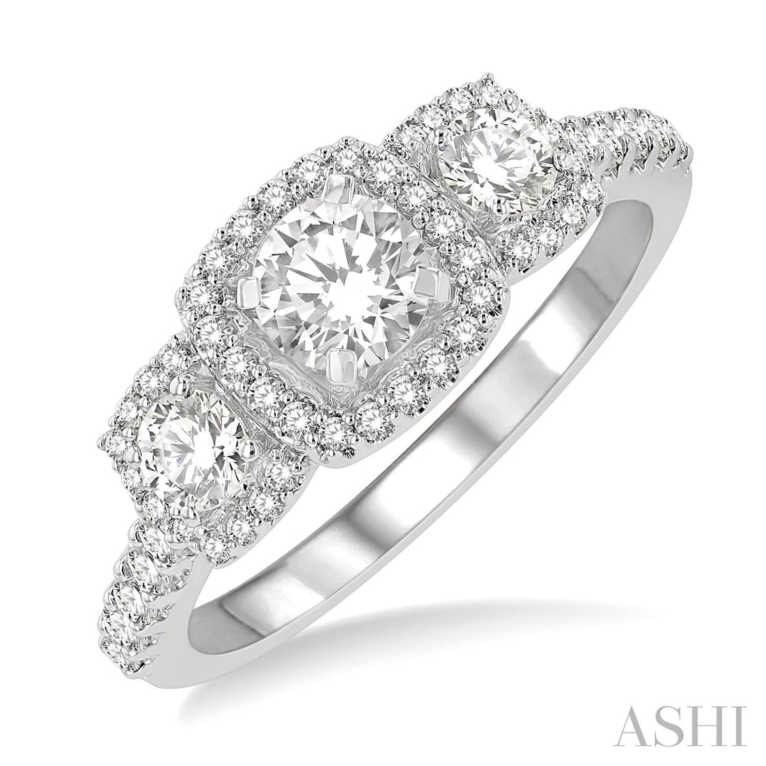 1.00 ctw Diamond Cushion Past Present Future 14K White Gold Ring: A symphony of light and color, this breathtaking Cushion Shape Past, Present & Future ring featuring White Diamond embodies the pinnacle of luxury. Expertly mounted in a Three-Stone setting, the ring 