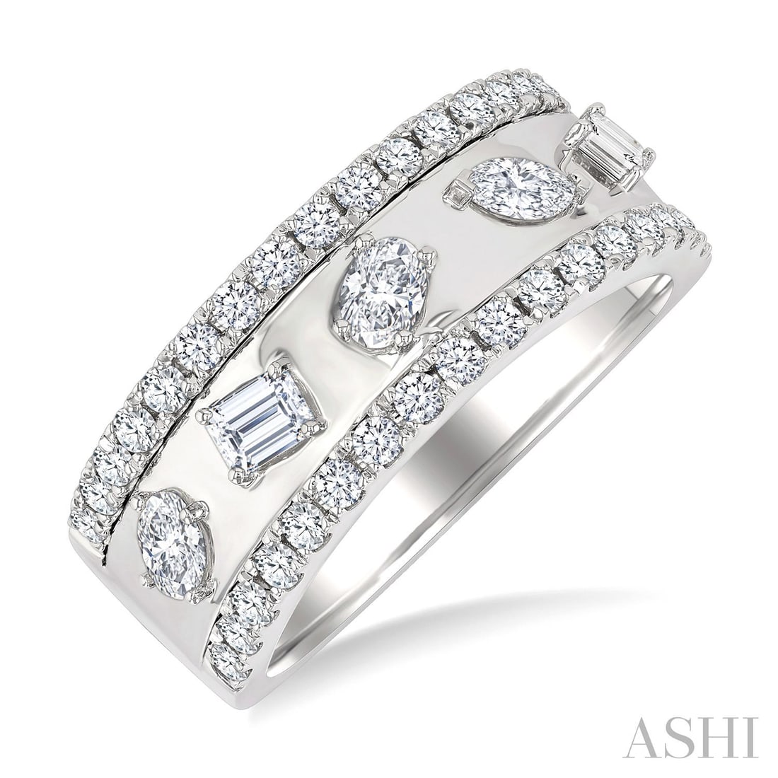 0.95 ctw Mixed Shape Diamond Fashion Band 14K White Gold Ring: Defining modern elegance, this stunning Mixed Shape ring featuring Natural Diamonds captures the essence of style. Expertly mounted in a Wide Band setting, the ring is crafted in 5.7 grams of solid 14