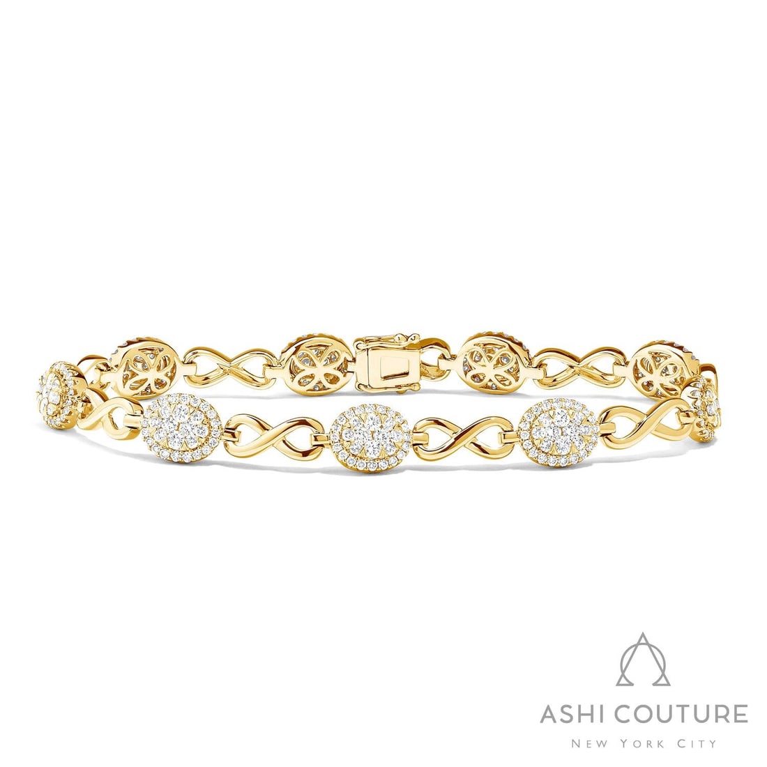 2.25 ctw White Diamond Infinity Alternating 18K Yellow & White Gold Bracelet: A testament to superior craftsmanship, this breathtaking Infinity Alternating bracelet featuring White Diamonds is unparalleled. Crafted with precision, the Cluster setting is seamlessly integrated in