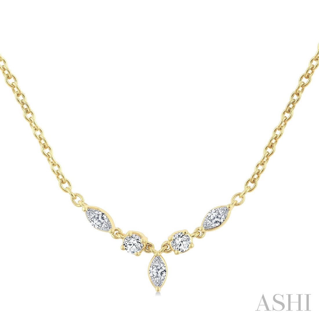 0.33 ctw Marquise & Round Cut Diamond 14K Yellow Gold Necklace: Captured in a moment of brilliance, this elegant Mixed Fancy Shapes necklace featuring Natural Diamonds speaks to the connoisseur. Expertly mounted in a Cluster setting, the necklace is crafted in 0.5