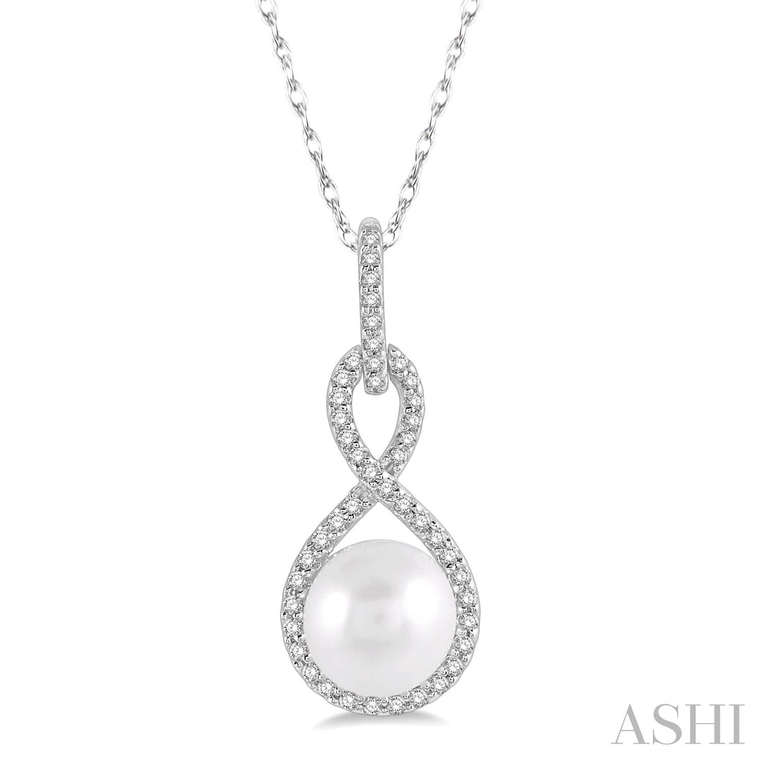 7mm Cultured Pearl and 0.15 ctw Diamond 10K White Gold Pendant: Captured in a moment of brilliance, this stunning Twisted Loop pendant featuring Cultured Pearl, White Diamond speaks to the connoisseur. Expertly mounted in a Halo setting, the pendant is crafted in 