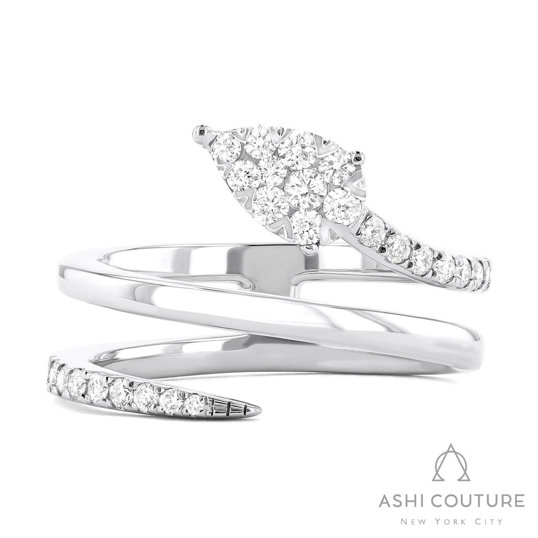 0.46 ctw White Diamond Fiori Pear Wrap Cluster 18K White Gold Ring: Timeless and sophisticated, this elegant Pear Wrap Cluster ring featuring White Diamond radiates enduring beauty. Securely held in a classic Bypass design, the ring is forged from 6.3 grams of high-po