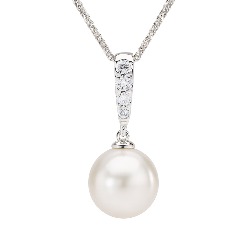 14k White Gold Pendant with South Sea Pearl and Diamonds: This exquisite pendant necklace embodies sophistication and elegance, featuring a lustrous South Sea Pearl as its centerpiece. The pendant is adorned with sparkling Diamonds, totaling 0.15 carats, wit