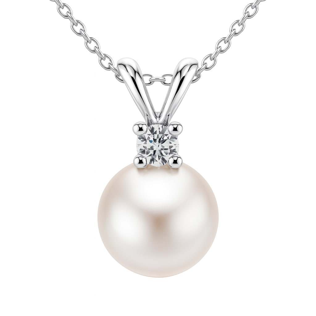 South Sea Pearl & Diamond Pendant Necklace in 14k White Gold: Exuding sophistication and elegance, this pendant necklace features a lustrous South Sea Pearl as its centerpiece. The pearl's white hue is complemented by a sparkling round-cut diamond, weighing 0.05