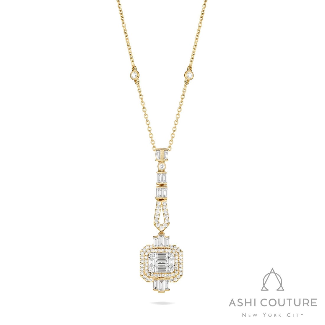 1.99 ctw Art Deco Diamond Baguette 18K Yellow & White Gold Pendant Necklace: An exquisite masterpiece of haute joaillerie, this magnificent Art Deco necklace featuring White Diamond is a true treasure. A detailed Halo gallery secures the stones, rendered in 4.85 grams of lustr