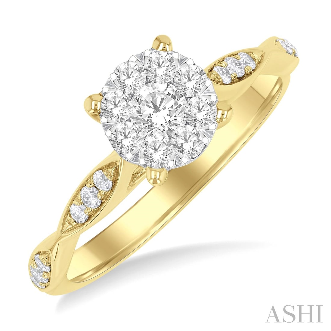 0.50 ctw Diamond Cluster 14K Yellow & White Gold Engagement Ring: A symphony of light and color, this magnificent Marquise Carved ring featuring White Diamond embodies the pinnacle of luxury. The gemstones are nestled within a Cluster framework, supported by a subst