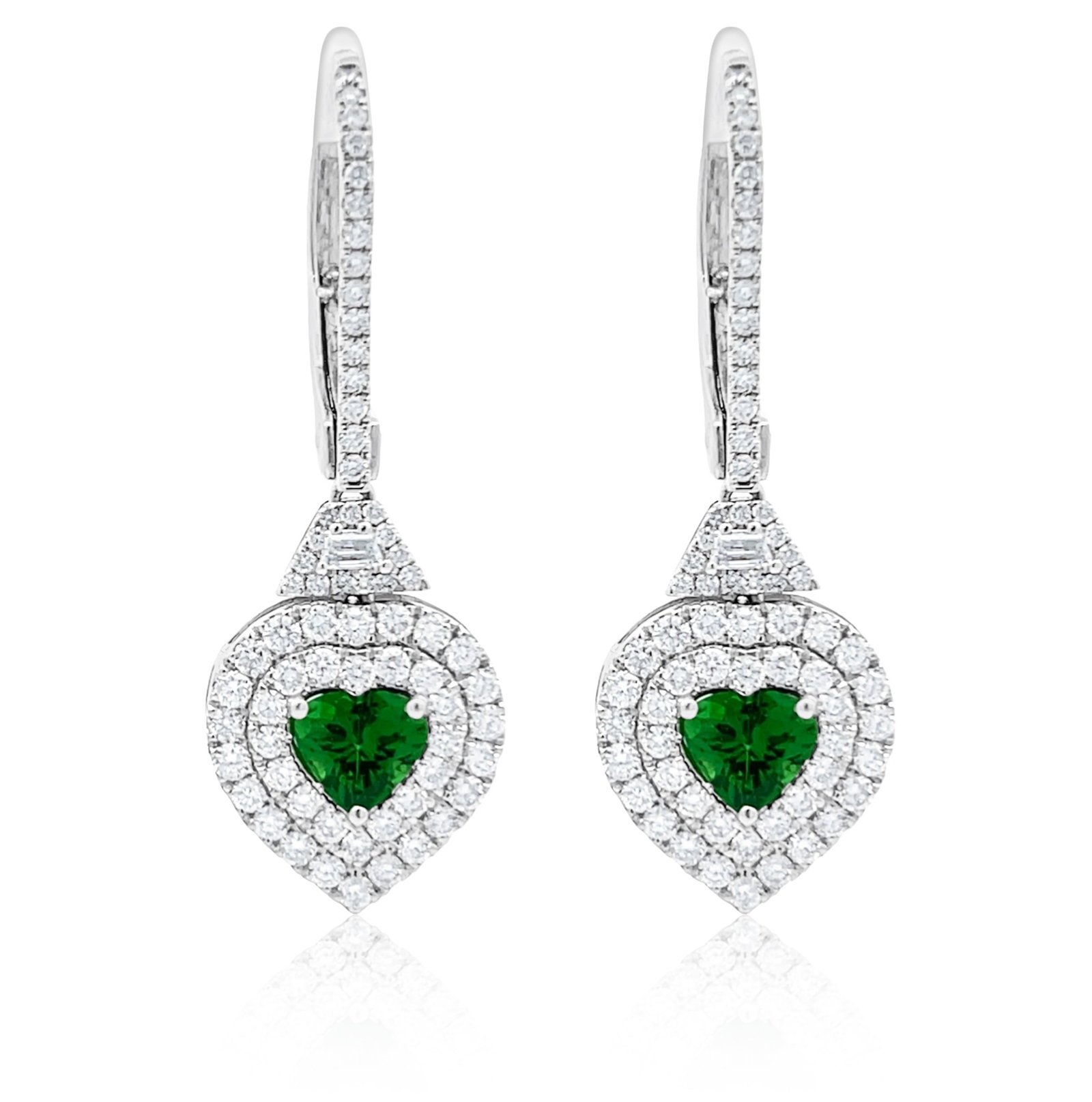 1.71ct Tsavorite and 1.86ctw Diamond 18K White Gold Halo Dangling Earrings: A vision of luxury, this breathtaking Halo pair of earrings featuring Tsavorite, White Diamond defines sophistication. Securely held in a classic Halo design, the earrings are forged from 6.93 grams o