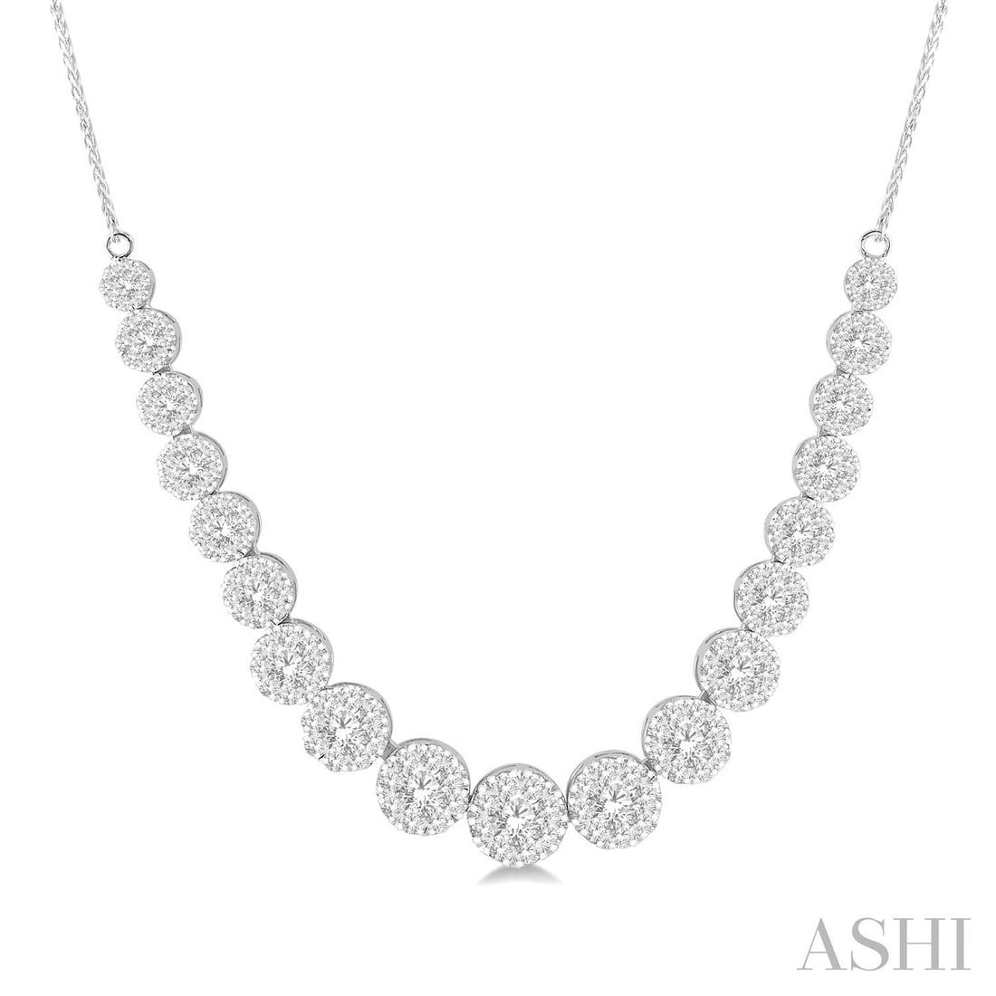 4.07 ctw Round Cut Diamond Cluster 14K White Gold Necklace: A vision of luxury, this breathtaking Cluster necklace featuring Natural Diamonds defines sophistication. The gemstones are nestled within a Graduated Cluster Necklace framework, supported by a substa