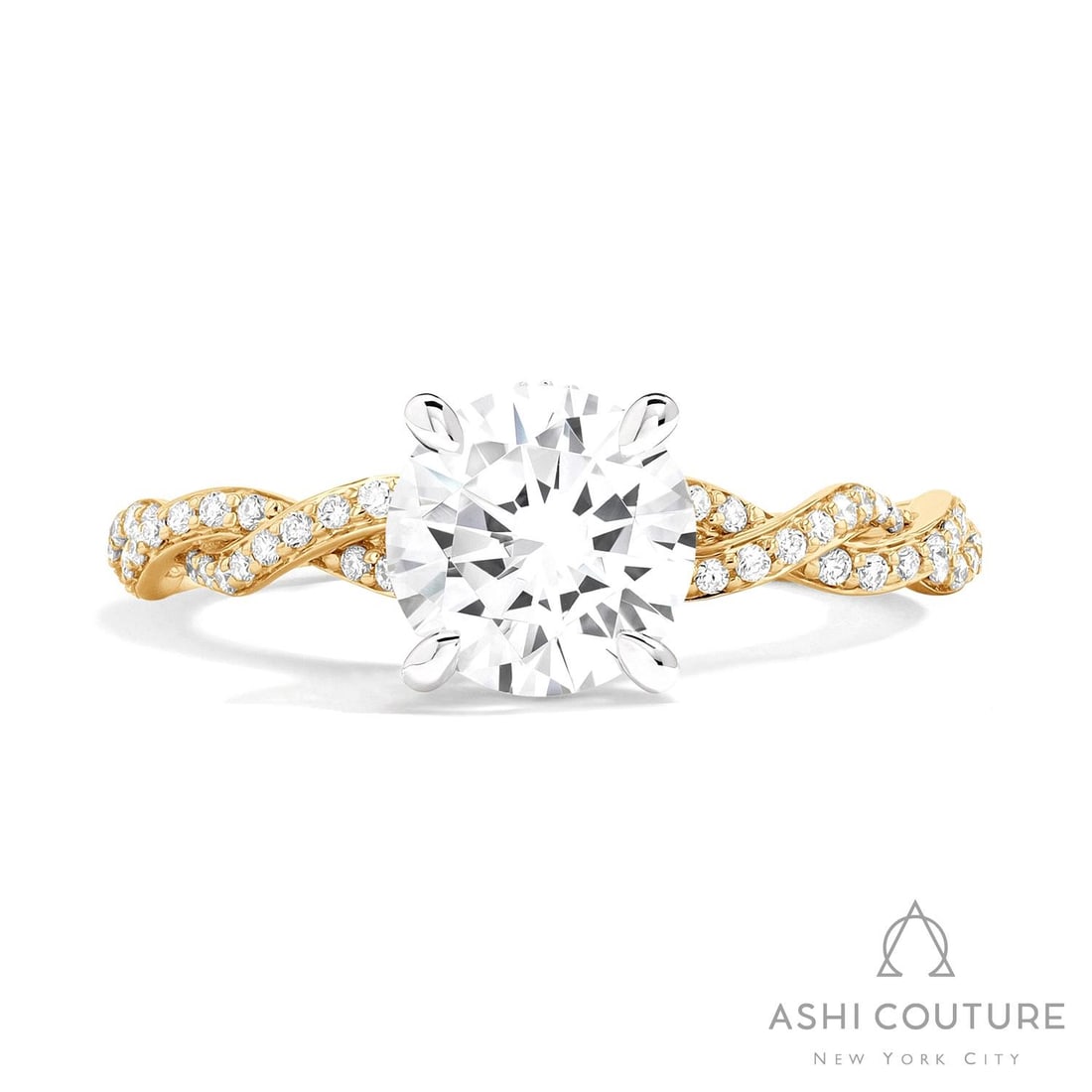 0.32 ctw White Diamond Twisted 18k Yellow & White Gold Engagement Ring: Retail Value: $3,810 An exquisite masterpiece of haute joaillerie, this magnificent Twisted ring featuring White Diamond is a true treasure. A detailed Solitaire gallery secures the stones, rendered i
