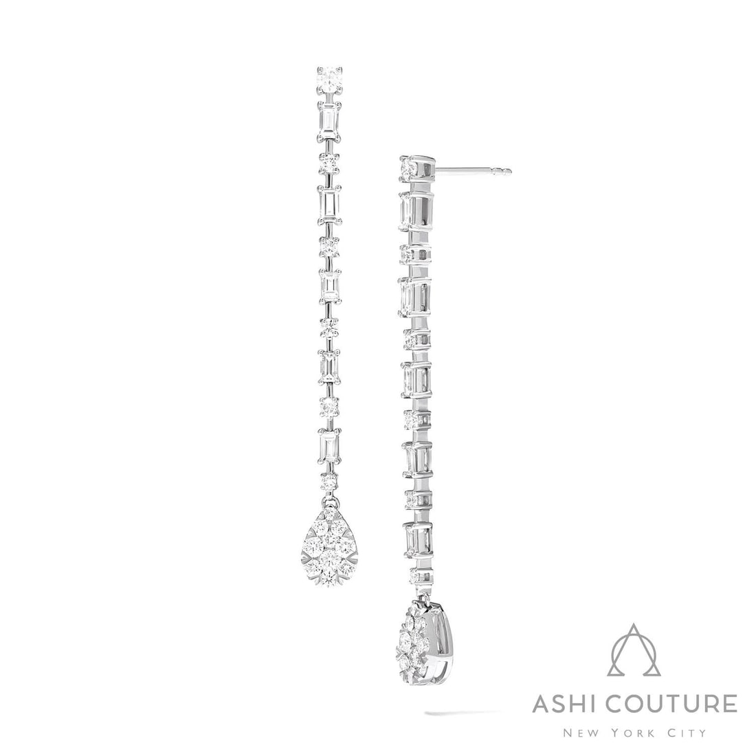1.92 ctw Diamond Pear & Baguette Drop Cluster 18K White Gold Earrings: A testament to superior craftsmanship, this magnificent Drop Cluster pair of earrings featuring White Diamond is unparalleled. Crafted with precision, the Linear Drop setting is seamlessly integrated 