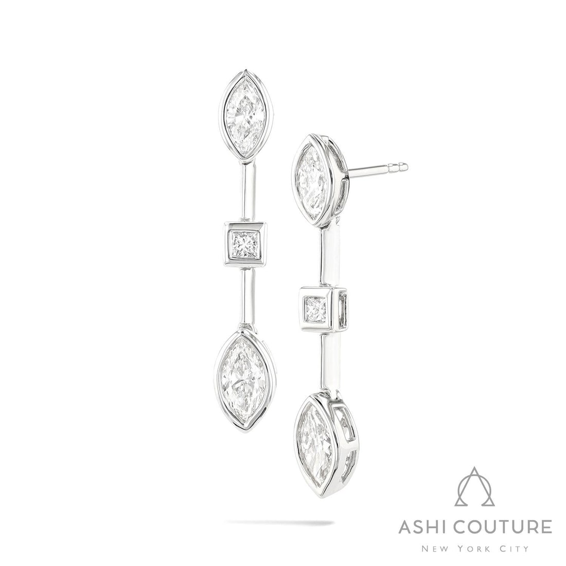 1.12 ctw Marquise & Princess Diamond 18K White Gold Earrings: Captured in a moment of brilliance, this breathtaking Duchess Bar pair of earrings featuring Natural Diamonds speaks to the connoisseur. Securely held in a classic Bezel design, the earrings are forge