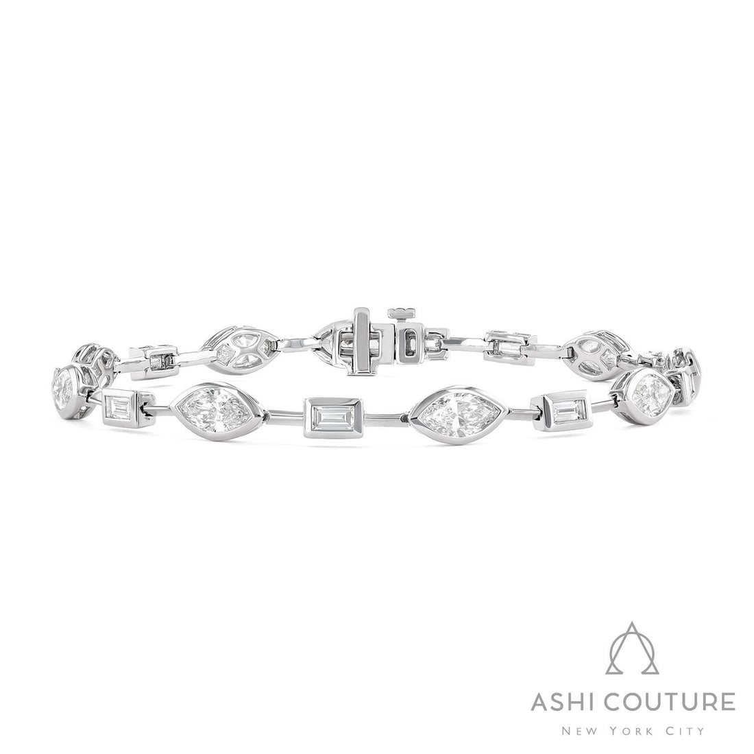 4.39 ctw Marquise and Baguette White Diamond Bezel Bar 18K White Gold Bracelet: Retail Value: $35,115 A symphony of light and color, this magnificent Bar bracelet featuring White Diamond embodies the pinnacle of luxury. Crafted with precision, the Bezel-set linked design setting 