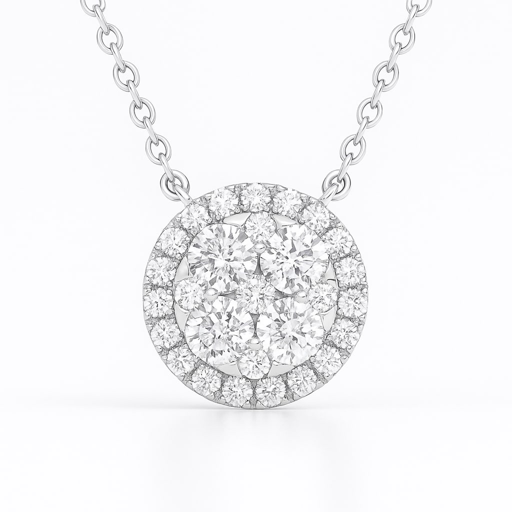 14k White Gold Pendant Necklace with 0.54 CTW Diamonds: Radiating elegance, this exquisite pendant necklace features a stunning array of round-cut diamonds. Crafted with precision, the centerpiece showcases a cluster of white diamonds, each with a clarity 