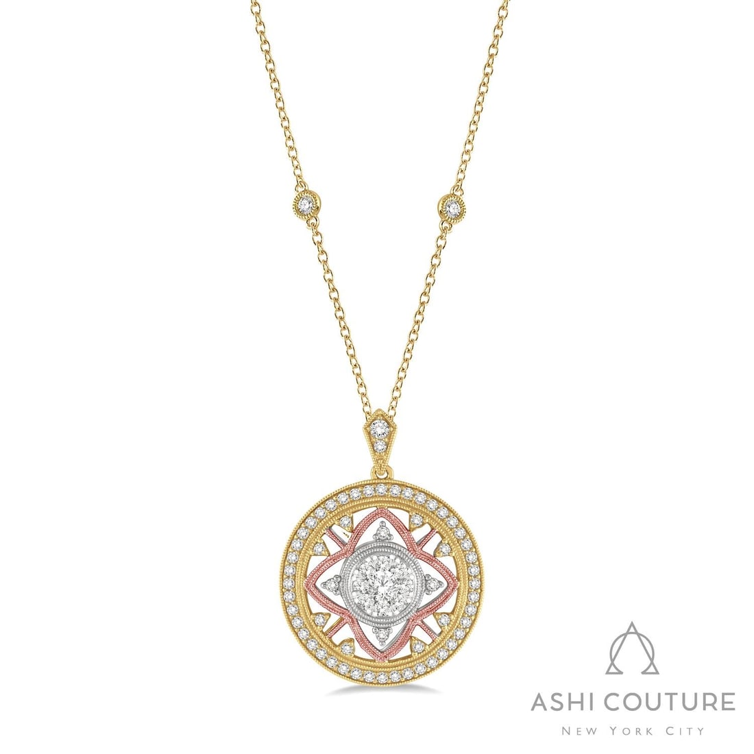 1.27 ctw Round Diamond Cluster Fiori 18K Tri-Color Gold Pendant: A testament to superior craftsmanship, this magnificent Cluster pendant featuring White Diamonds is unparalleled. A detailed Cluster gallery secures the stones, rendered in 6.15 grams of lustrous 18K 