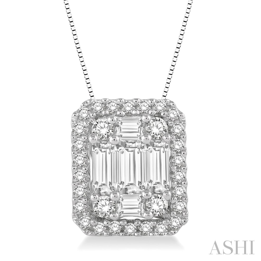 0.75 ctw Baguette & Round Diamond 14k White Gold Pendant: A symphony of light and color, this stunning Octagonal pendant featuring White Diamond embodies the pinnacle of luxury. Expertly mounted in a Halo setting, the pendant is crafted in 1.7 grams of solid