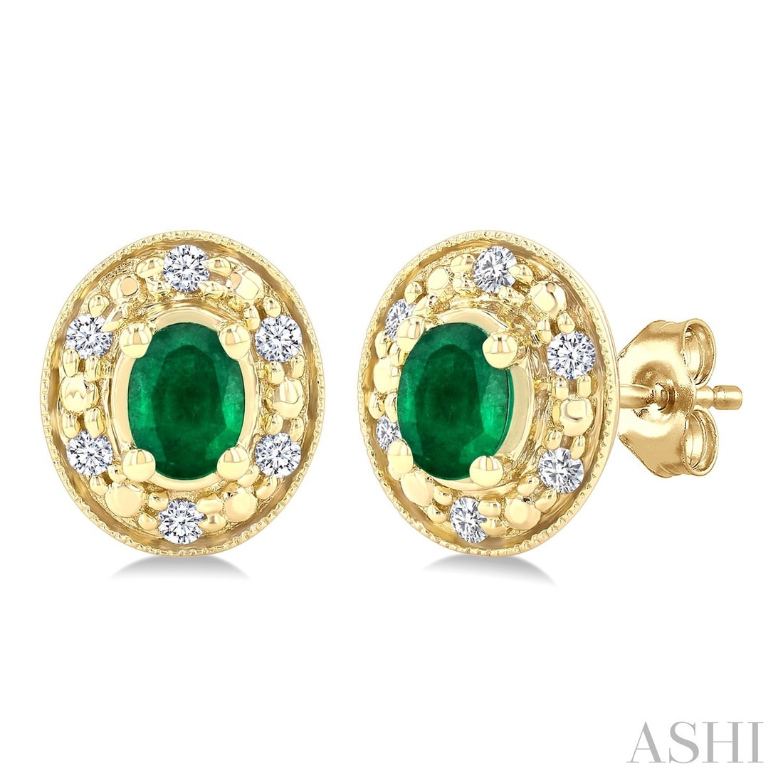 4x3mm Oval Emerald and 0.10 ctw Diamond 14K Yellow Gold Earrings: Defining modern elegance, this elegant Halo pair of earrings featuring Emerald, White Diamond captures the essence of style. The gemstones are nestled within a Halo framework, supported by a substanti
