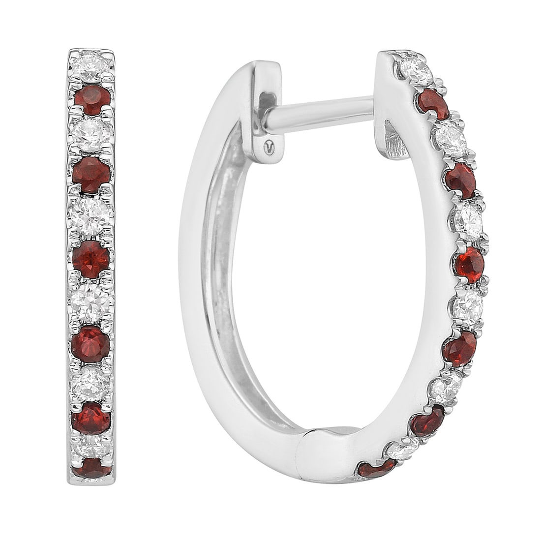 14k White Gold Hoop Earrings with Diamonds and Rubies: Exuding sophistication, this pair of hoop earrings features a harmonious blend of Diamonds and Rubies. The earrings are crafted in 14k White Gold with a Rhodium finish, showcasing a Modern design. Rou