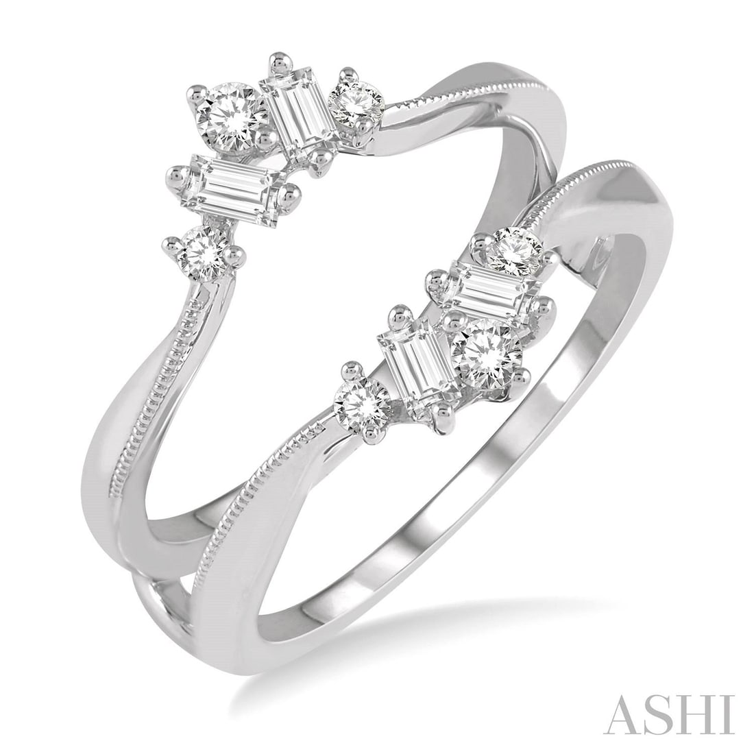 0.41 ctw Baguette & Round Diamond Insert 14k White Gold Ring: A vision of luxury, this magnificent Insert ring featuring White Diamond defines sophistication. Expertly mounted in a Insert/Enhancer setting, the ring is crafted in 3.95 grams of solid 14K White Gol