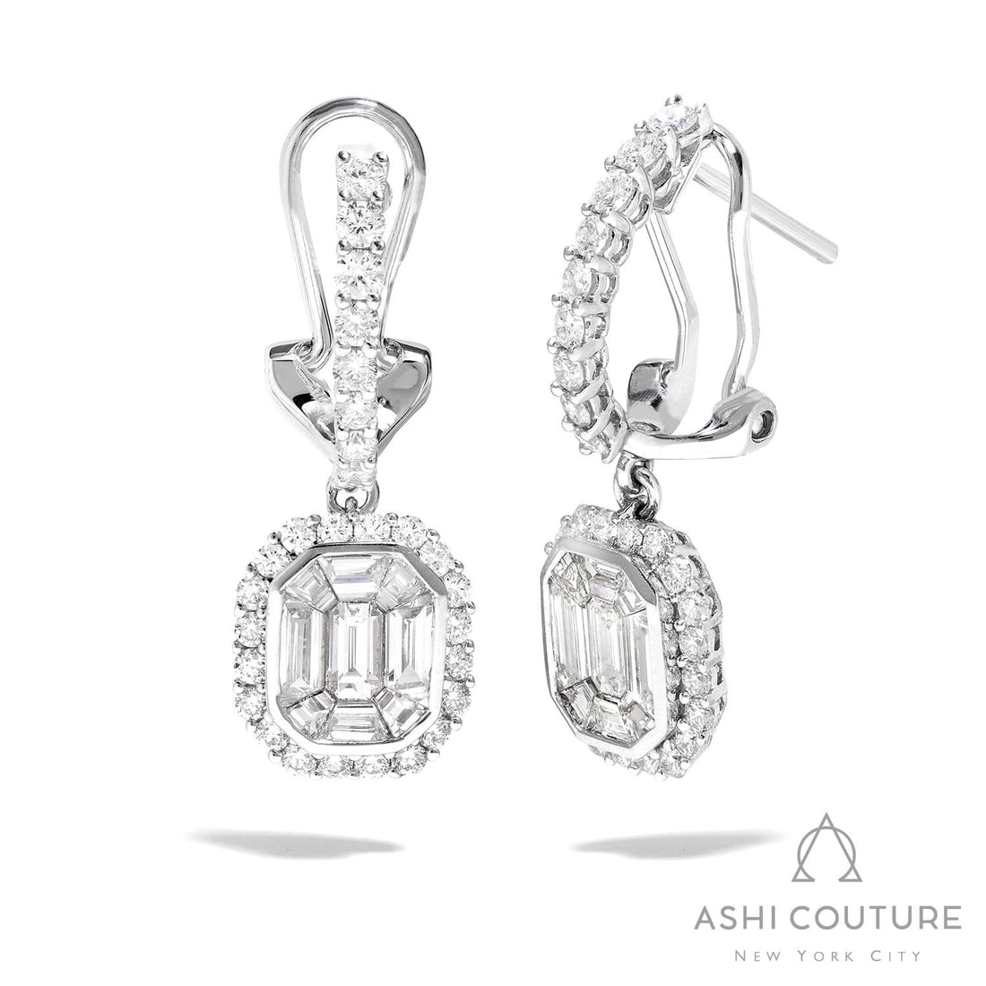 2.11 ctw Diamond & Emerald Empress Dangling 18K White Gold Earrings: An exquisite masterpiece of haute joaillerie, this exquisite Halo pair of earrings featuring White Diamond, Emerald is a true treasure. A detailed Halo gallery secures the stones, rendered in 4.05 gra