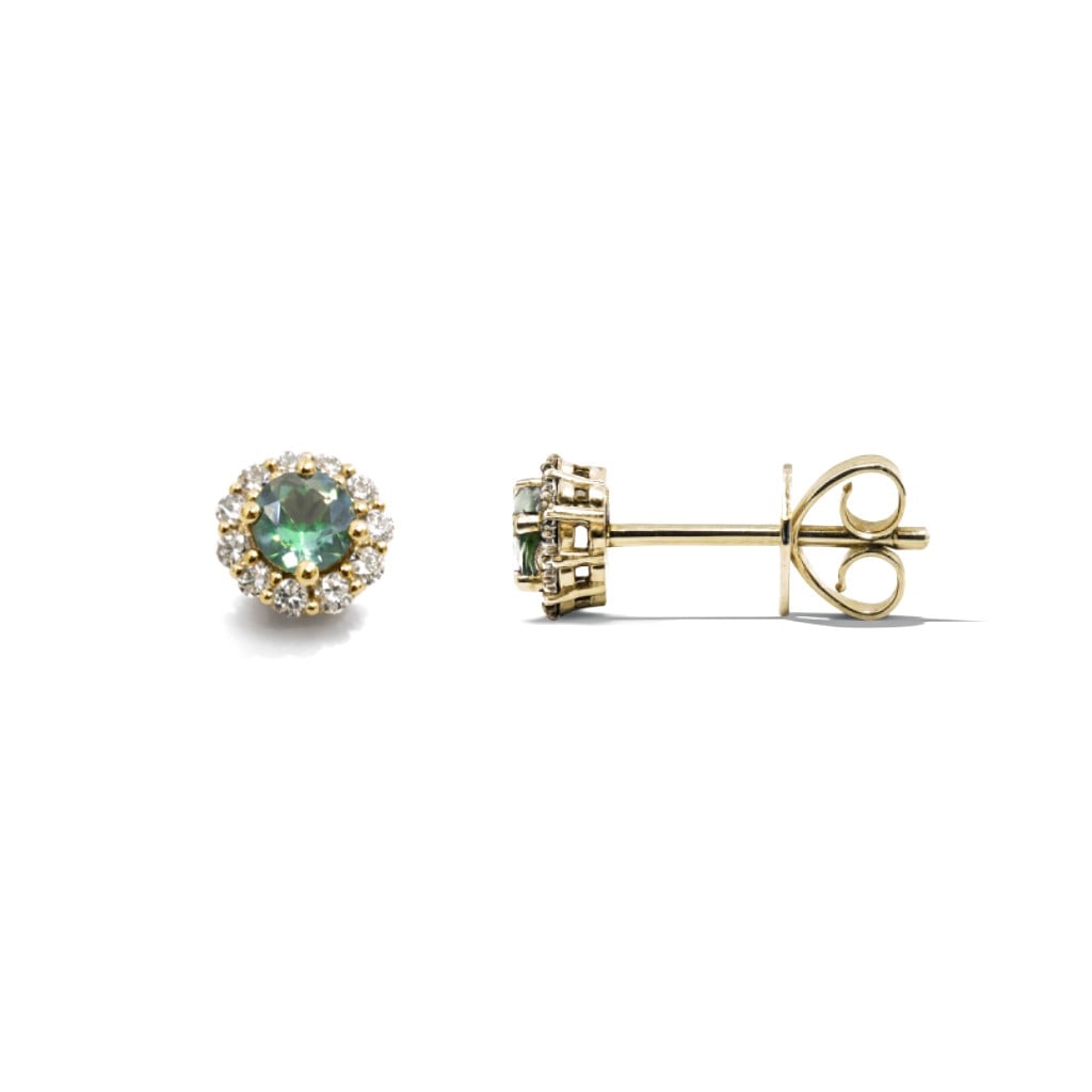 0.42ct Alexandrite 0.22ctw Diamond Halo 14k Yellow Gold Stud Earrings: A symphony of light and color, this elegant Halo pair of earrings featuring Alexandrite, White Diamond embodies the pinnacle of luxury. The gemstones are nestled within a Halo framework, supported by 