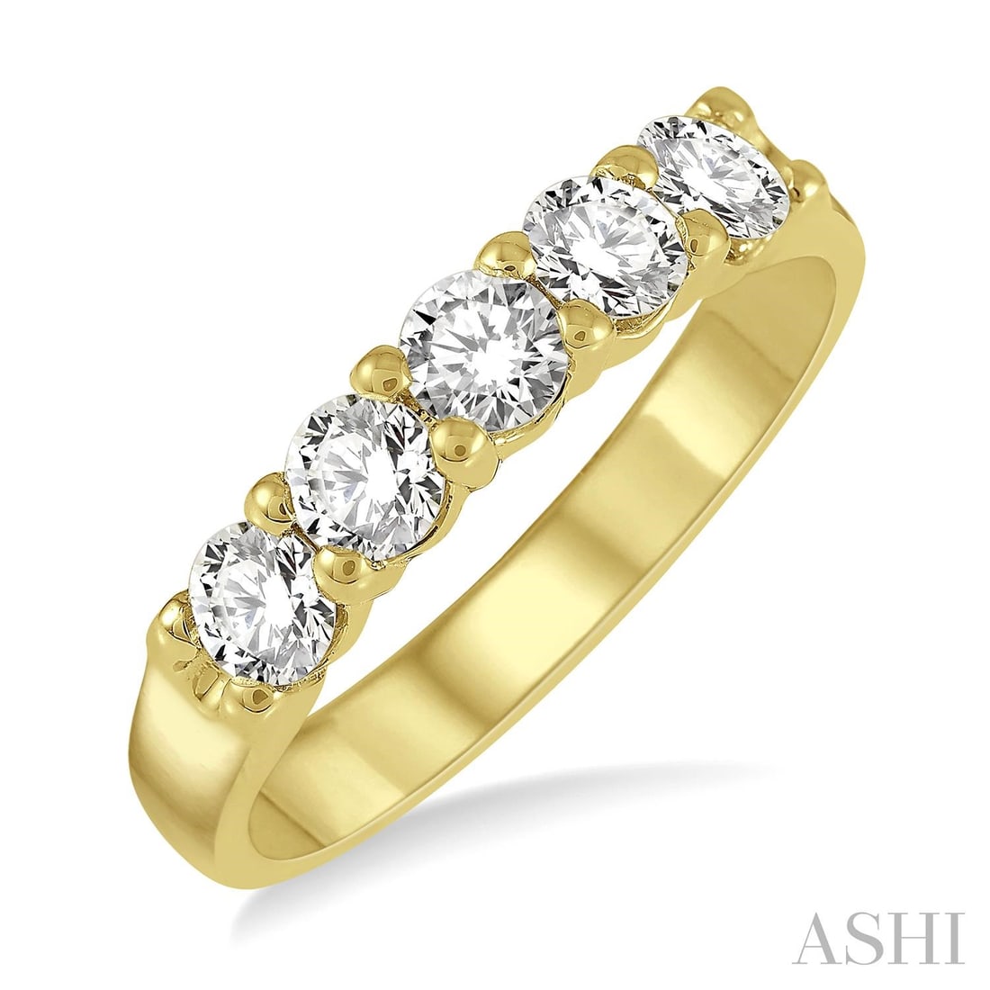 0.75 ctw 5-Stone Round Diamond Wedding Band 14K Yellow Gold Ring: Defining modern elegance, this magnificent 5 Stone ring featuring White Diamond captures the essence of style. The gemstones are nestled within a Five-Stone framework, supported by a substantial 3.1 g