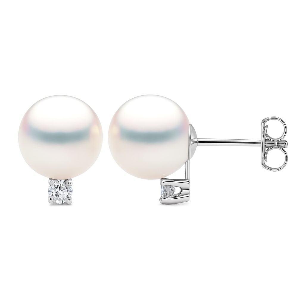 14K White Gold Pearl and 0.1 CTW Diamond Stud Earrings: Elegant and refined, these exquisite stud earrings feature a harmonious blend of cultured pearls and diamonds. The round-cut diamond, with a carat weight of 0.1, is set in a secure prong design, showc
