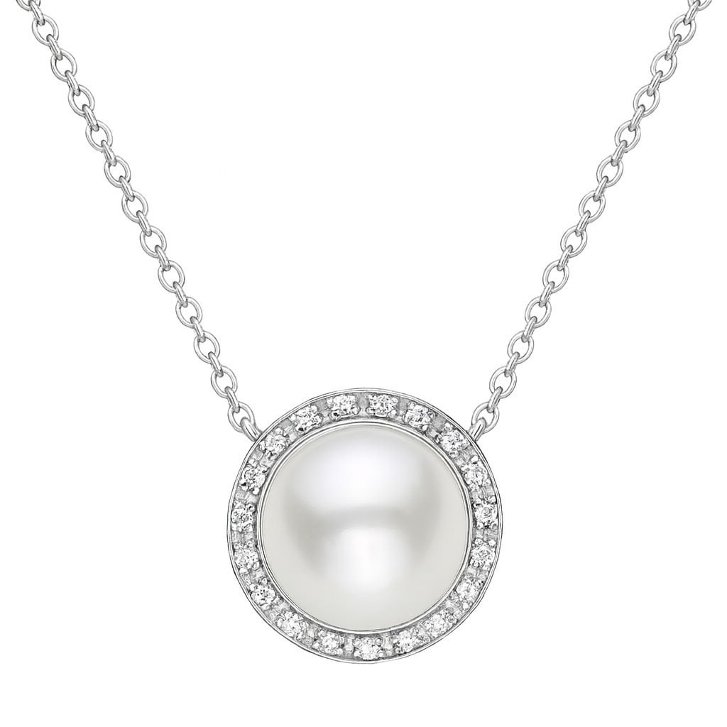 14k White Gold Pendant Necklace with Freshwater Pearl & Diamonds: Elegant and refined, this exquisite pendant necklace features a lustrous Freshwater Pearl as its centerpiece. The round-cut pearl is encircled by a halo of sparkling diamonds, totaling 0.16 carats, wi