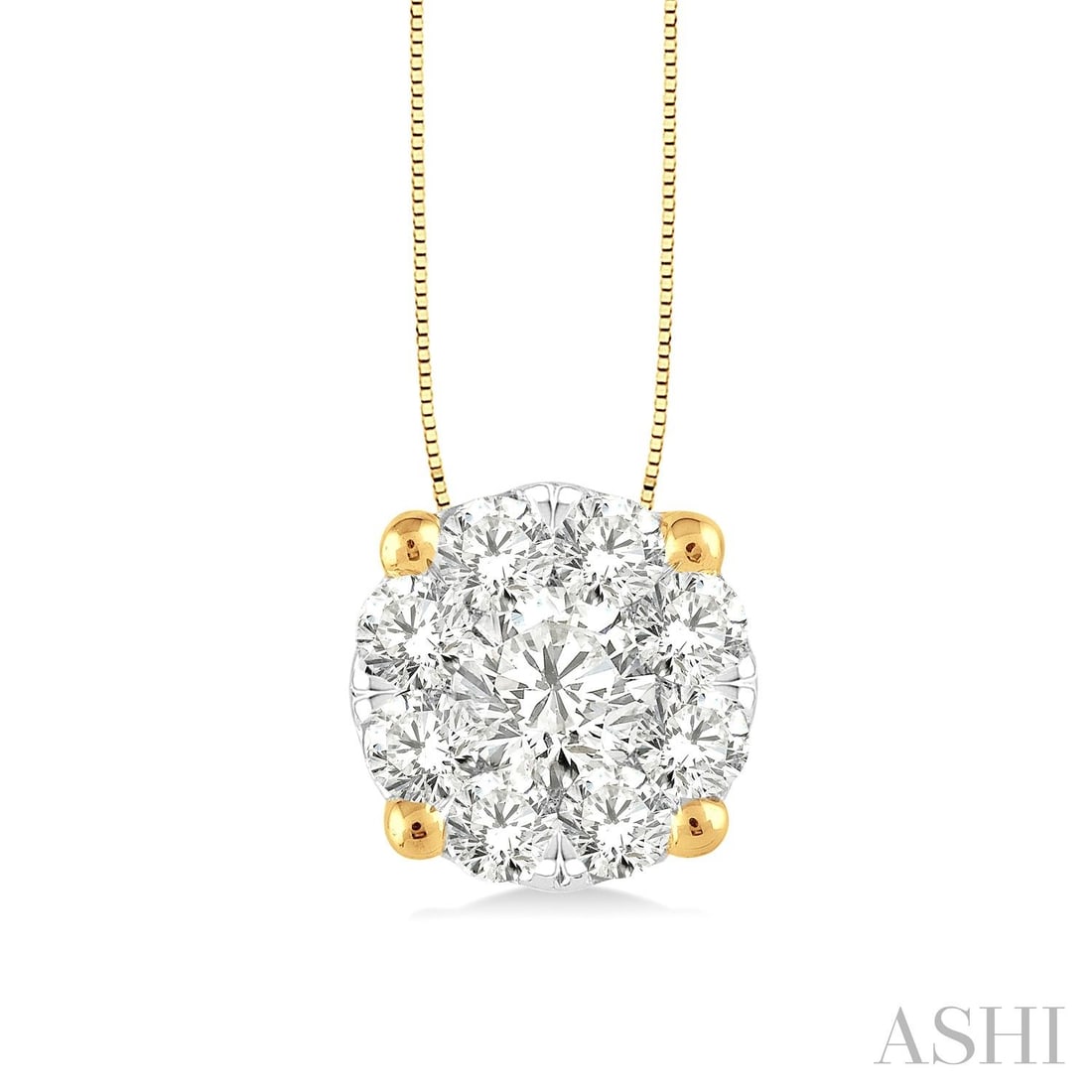 0.51 ctw White Diamond Cluster 14K Yellow & White Gold Pendant: Exuding opulence and grace, this elegant Cluster pendant featuring White Diamond is crafted for the distinguished. Showcasing the gems in a Cluster arrangement, the pendant consists of 1.25 grams of 1