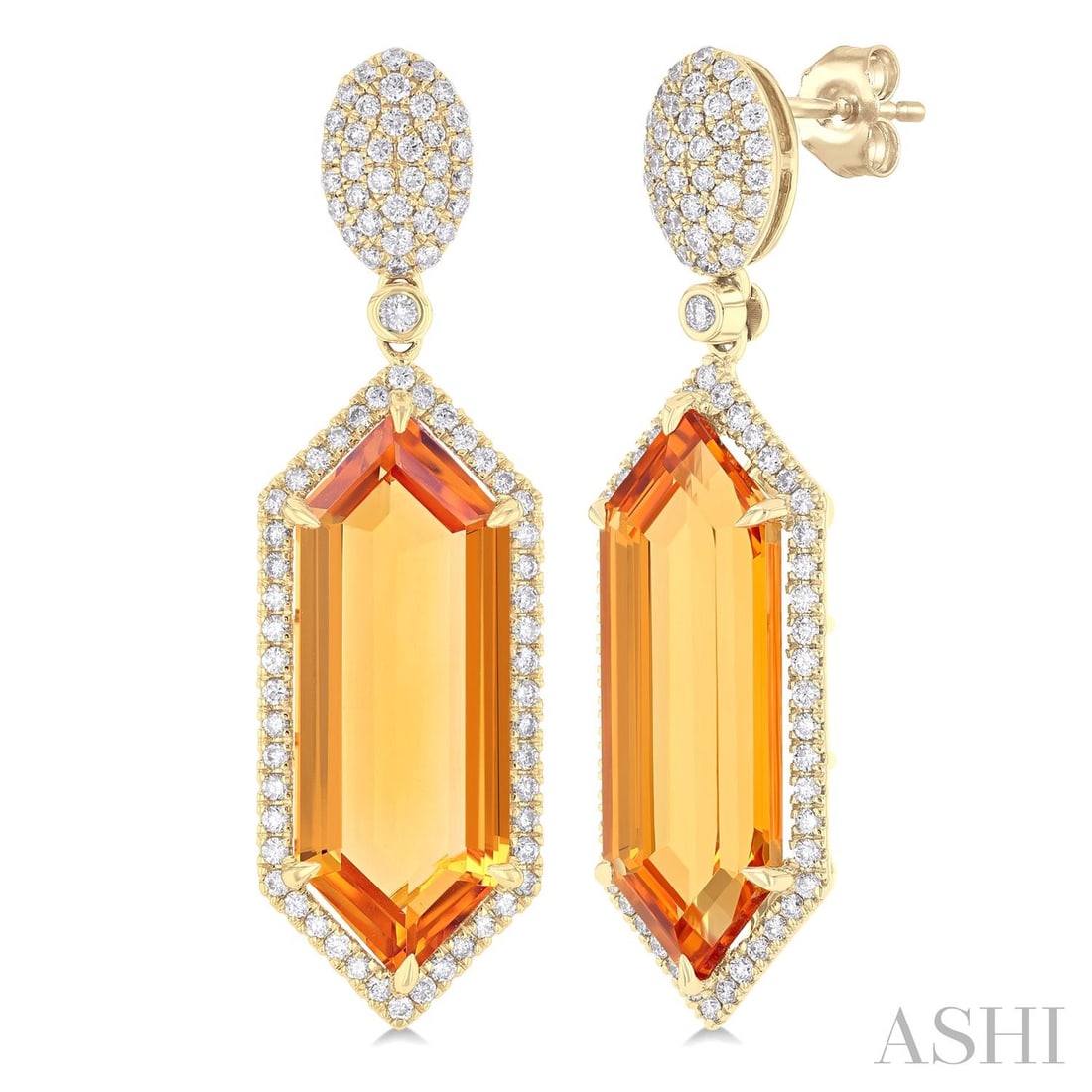 22x8mm Citrine and 0.88 ctw Diamond 14K Yellow Gold Earrings: Exuding opulence and grace, this elegant Halo pair of earrings featuring Citrine, White Diamond is crafted for the distinguished. Crafted with precision, the Halo setting is seamlessly integrated into