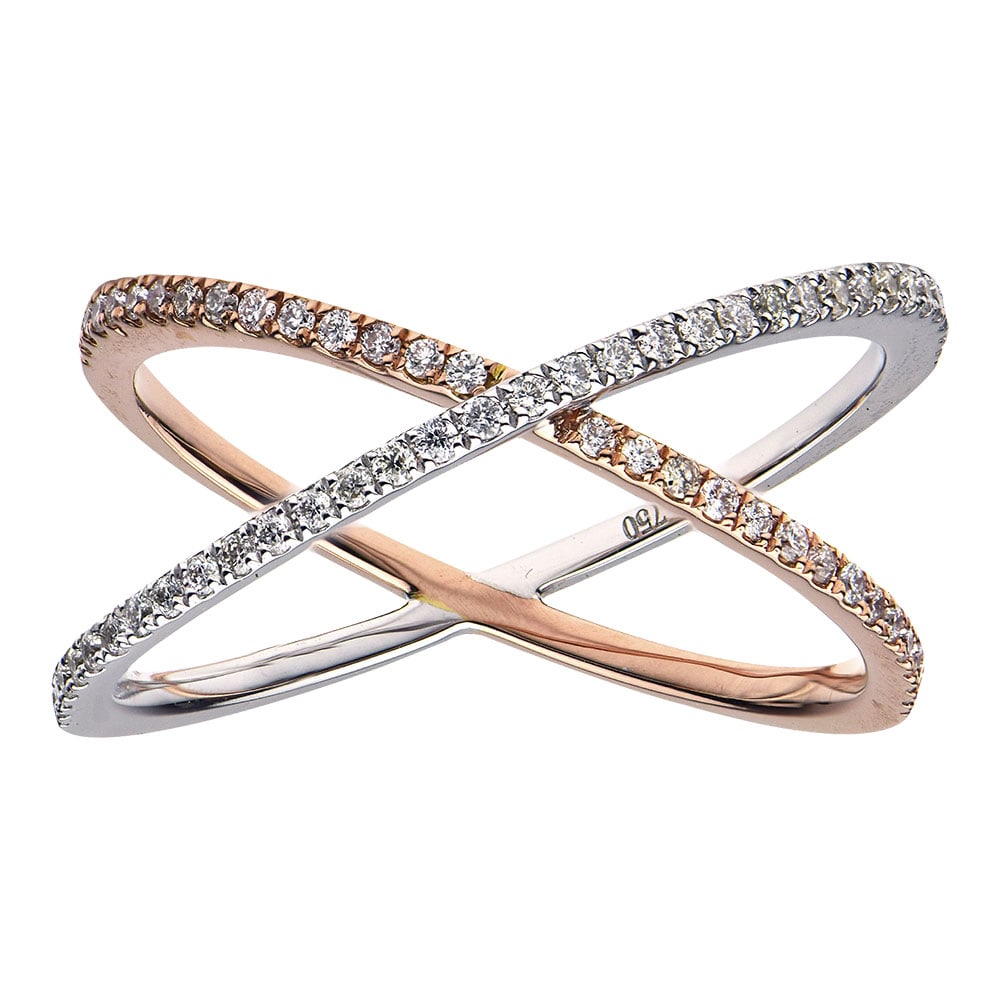 14K Rose & White Gold Ring with 0.24 ctw Round White Diamonds: A testament to superior craftsmanship, this exquisite fashion ring featuring White Diamonds is unparalleled. Two intersecting bands are adorned with round-cut diamonds, set in a harmonious blend of 14
