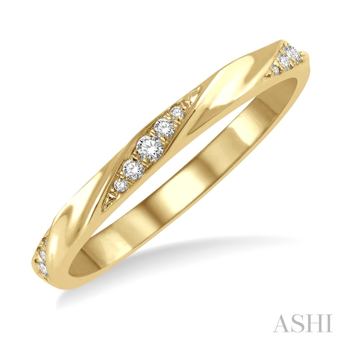 0.10 ctw White Diamond Pod Shape Stackable Band 14K Yellow Gold Ring: A testament to superior craftsmanship, this elegant Pod Shape Grooves ring featuring White Diamond is unparalleled. Showcasing the gems in a Band/Integrated Setting arrangement, the ring consists of 2