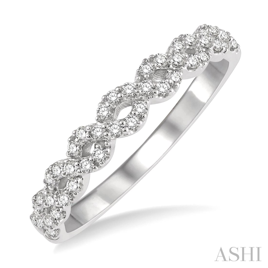 0.25 ctw Entwined Diamond Stackable Twist Band 14K White Gold Ring: An exquisite masterpiece of haute joaillerie, this elegant Twist Band ring featuring White Diamond is a true treasure. A detailed Twist/Entwined Band gallery secures the stones, rendered in 2.45 grams