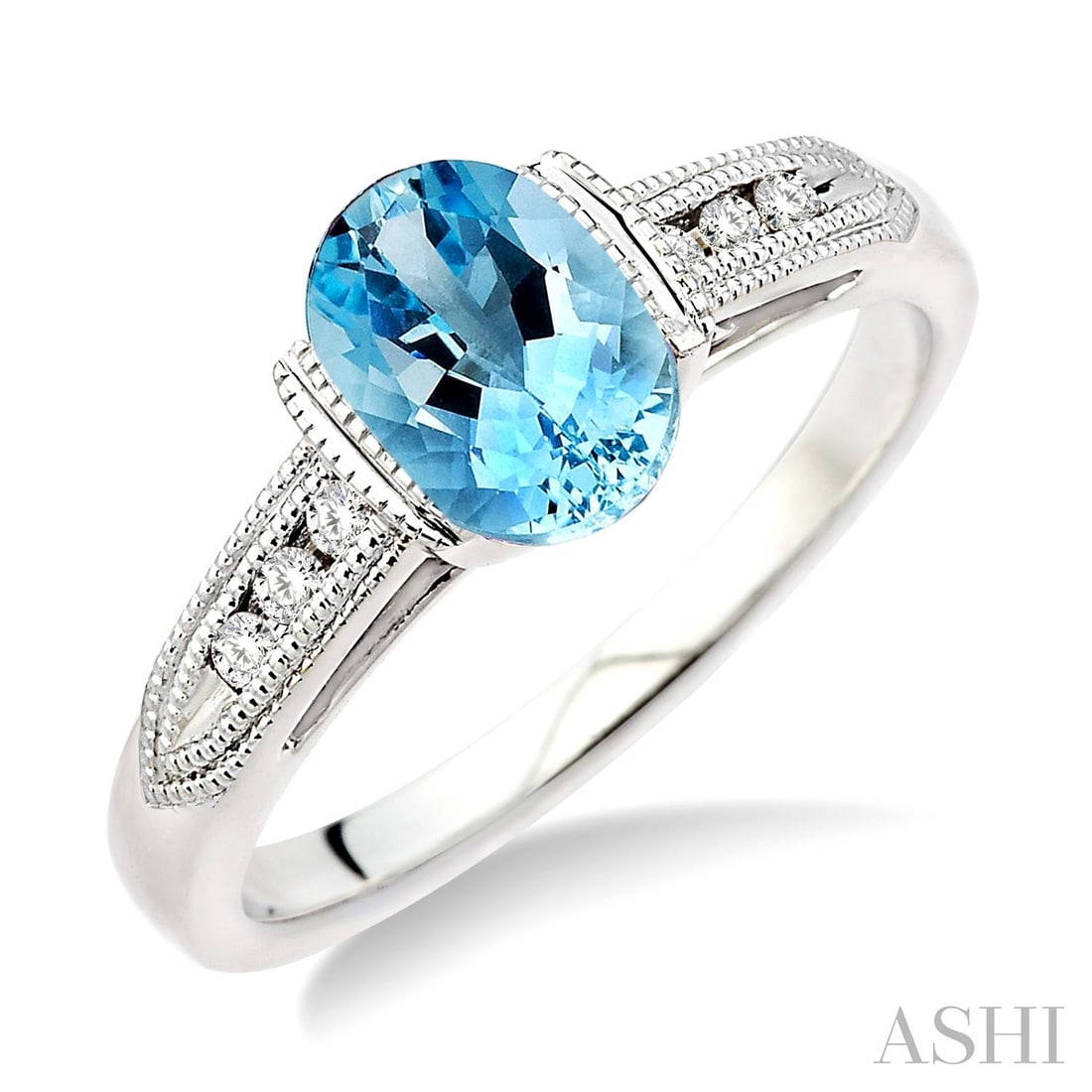 8x6mm Oval Aquamarine and 0.10 ctw Diamond 14K White Gold Ring: Exuding opulence and grace, this elegant Channel Set ring featuring Aquamarine, White Diamond is crafted for the distinguished. A detailed Bar gallery secures the stones, rendered in 2.75 grams of lus