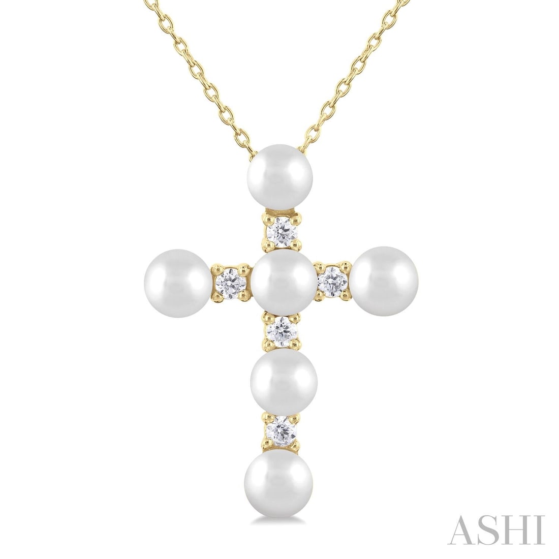 4mm Cultured Pearl and 0.15 ctw Diamond 10K Yellow Gold Pendant: Defining modern elegance, this elegant Cross pendant featuring Cultured Pearl, White Diamond captures the essence of style. The gemstones are nestled within a Cluster framework, supported by a substan