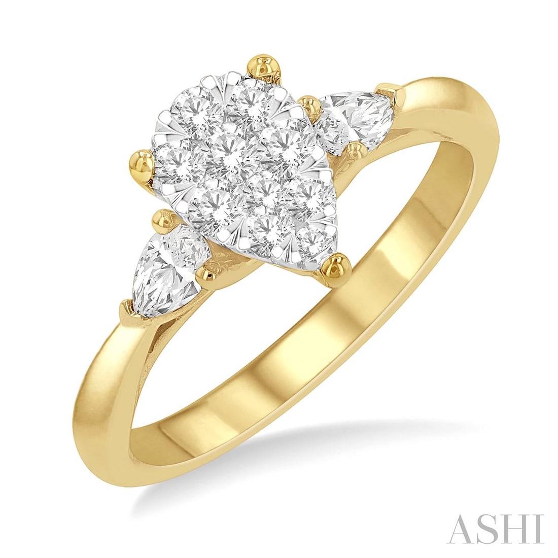 0.61 ctw Pear Cluster Diamond Engagement Ring 14K Yellow and White Gold: Timeless and sophisticated, this magnificent Pear Cluster ring featuring White Diamond radiates enduring beauty. Securely held in a classic Three-Stone design, the ring is forged from 3.95 grams of hi