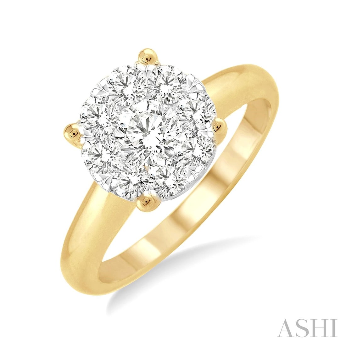 0.75 ctw Cluster Diamond Engagement Ring 14K Yellow and White Gold: An exquisite masterpiece of haute joaillerie, this exquisite Cluster ring featuring White Diamond is a true treasure. A detailed Cluster gallery secures the stones, rendered in 3.9 grams of lustrous 1