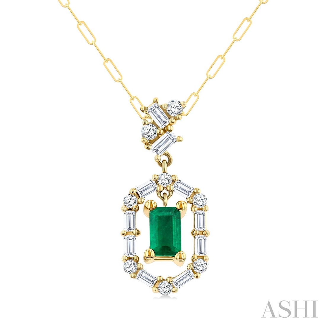 5x3mm Emerald and 0.30 ctw Diamond 14K Yellow Gold Pendant: Timeless and sophisticated, this elegant Geometric Halo pendant featuring Emerald, White Diamond radiates enduring beauty. The gemstones are nestled within a Geometric Halo framework, supported by a s